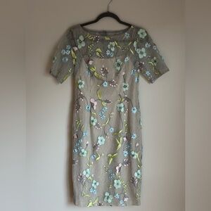 Adrianna Papell Women's Floral Bead Embroidery Sheath Dress Grey/green Size 6